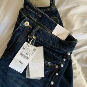 Zara TRF Cigarette Jeans with Faux Pearl Piping
